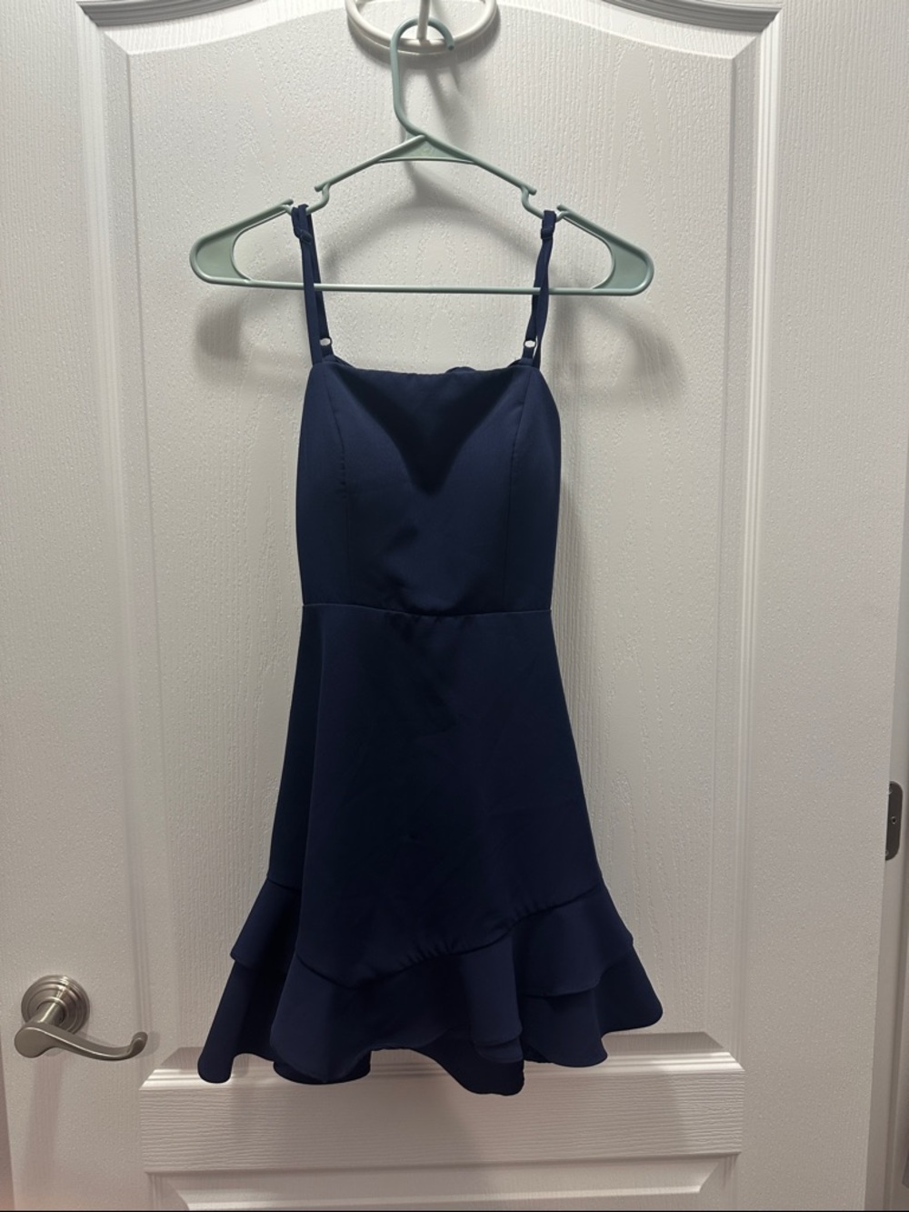 Navy Blue Spaghetti Strap Ruffle Hem Dress